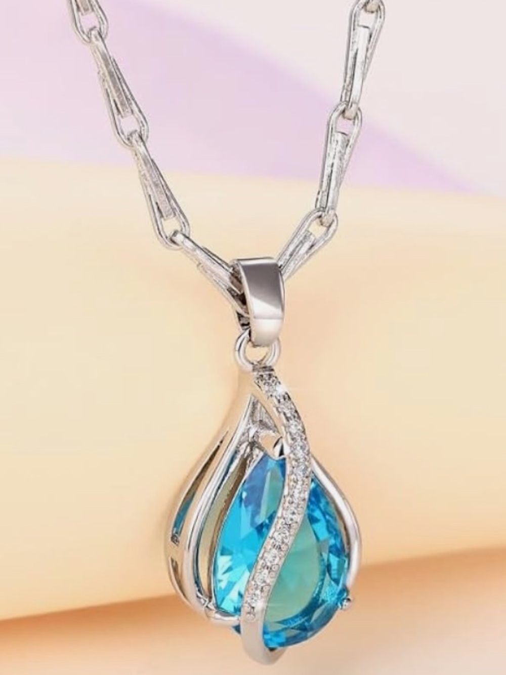 Romantic Blue Teardrop Pendant Necklace - Silvertone B65 - Picture 1 of 7